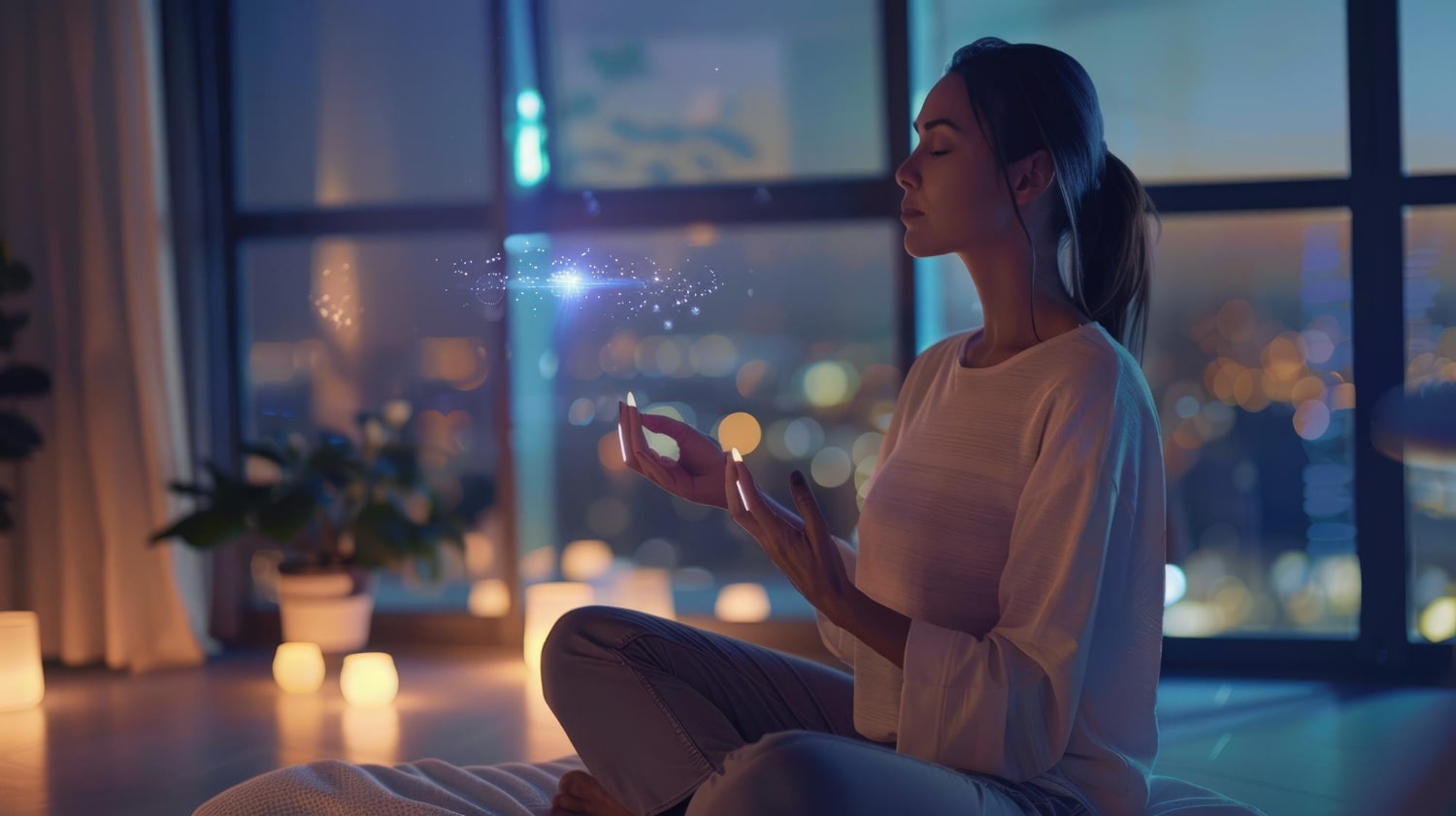 Mulher sentada em posição de lótus realizando uma meditação.